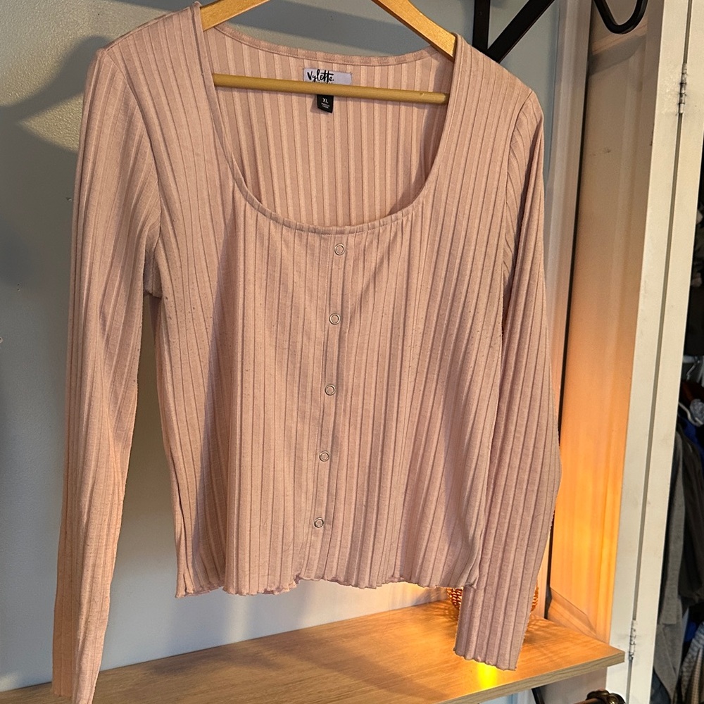 Pink Ribbed Button-Up Top